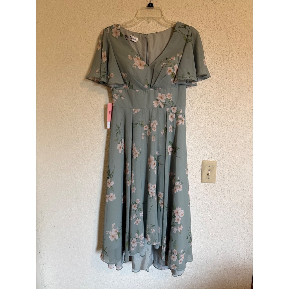 JJ's House Sage Green Garden Floral V-Neck Flutter Sleeve High-Low Dress Size 2